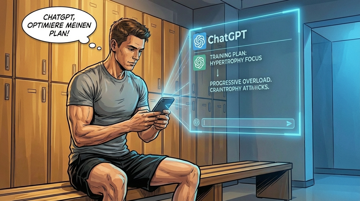 Muscular man sitting on a locker room bench, looking at his smartphone with a holographic ChatGPT training interface.