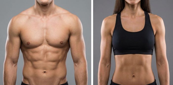 Man and woman with beach body look