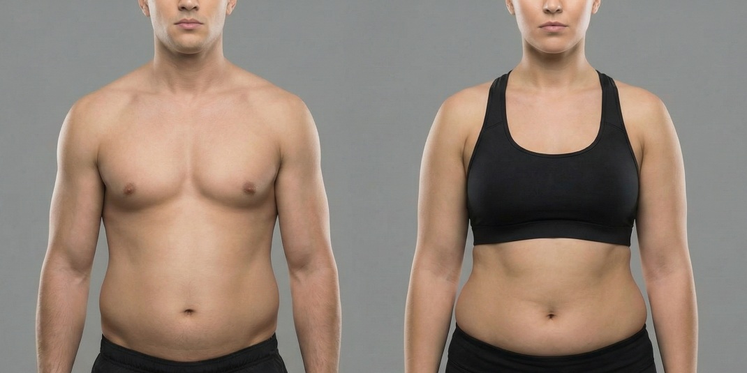 Man with approx. 30% body fat, woman with approx. 36% body fat