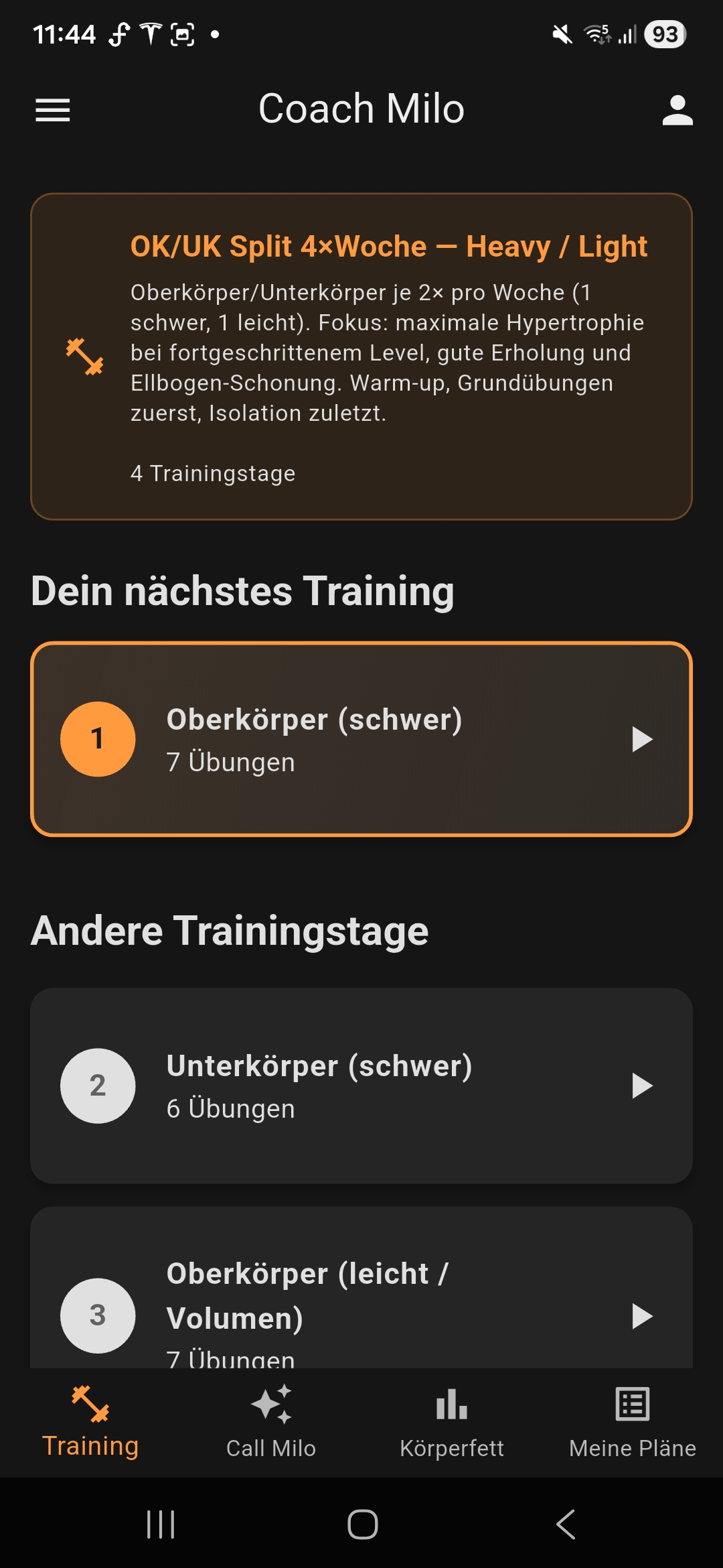 Screenshot der Coach Milo Fitness-App mit Trainingsplan